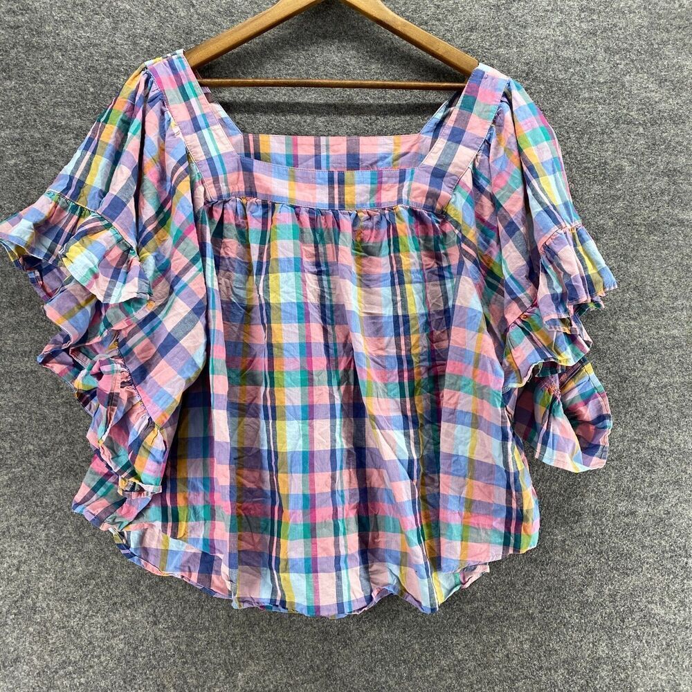 5/$45 Terra&Sky Blouse Women 3X Plus Blue Plaid Short Sleeve Square Neck Cotton